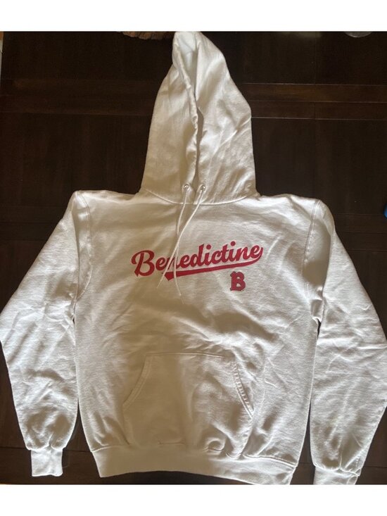 Champion Tops - Champion Eco White "Benedictine" Hoodie Medium Red Printed Script Logo Size M